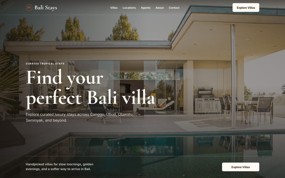 The Bali Stays homepage hero — a full-bleed photo of a temple at dusk with the headline 'Find your perfect Bali villa'.