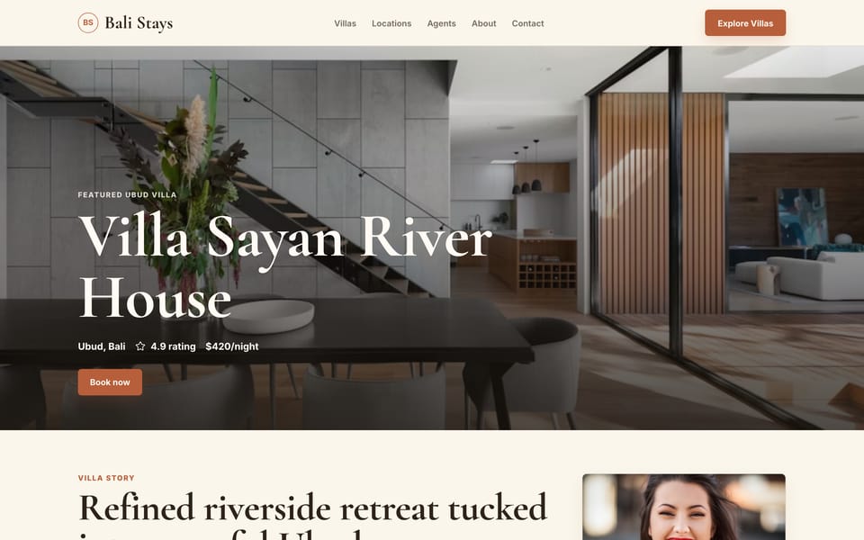 The Villa Sayan River House detail page, with full-bleed hero photo, 'Villa Sayan River House' headline, location, rating, and price, plus a 'Book now' button. Below: villa-story section beginning. On the right: a sticky agent sidebar showing Maya Santika's photo and a booking inquiry form.
