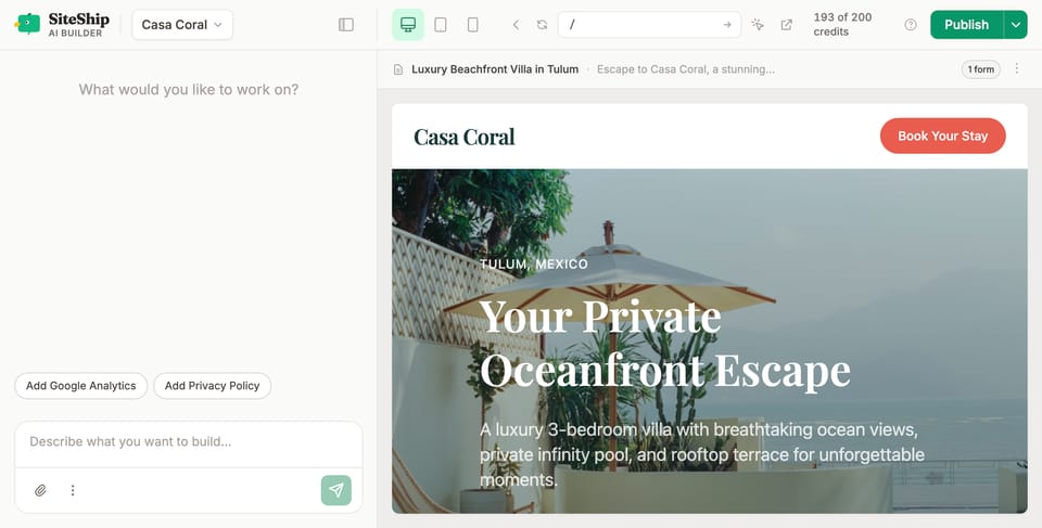 SiteShip builder — chat panel left, live preview right