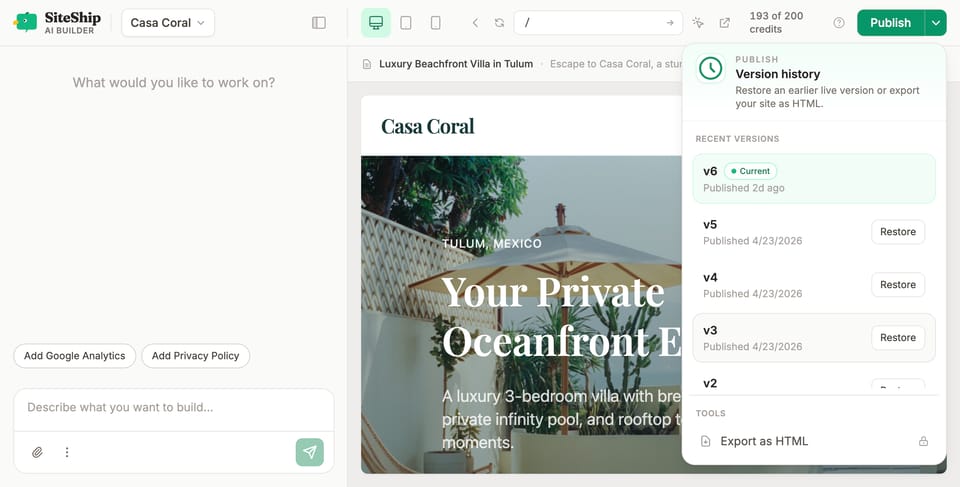The SiteShip publish dropdown showing recent versions and a Restore option next to each one.