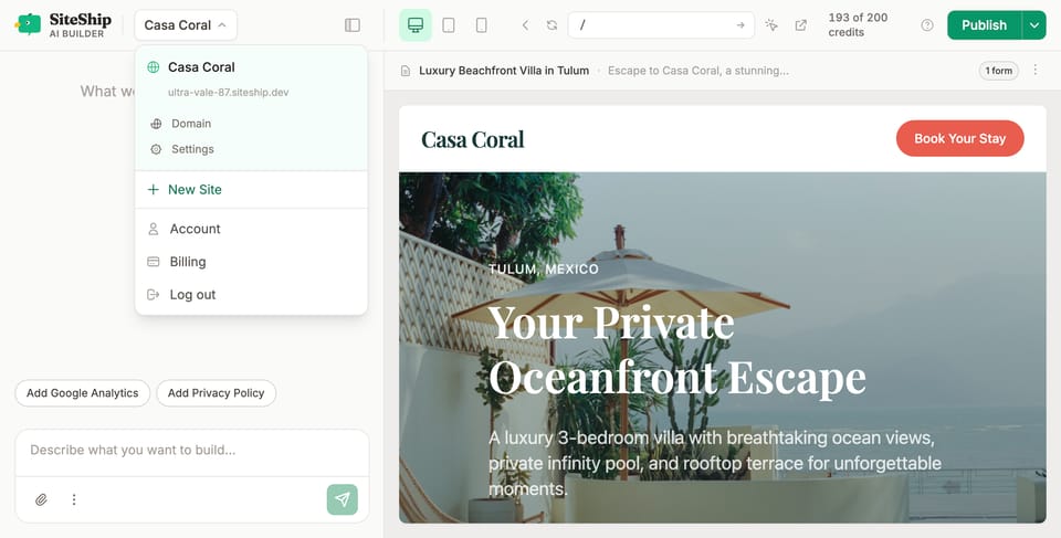 Site switcher menu open