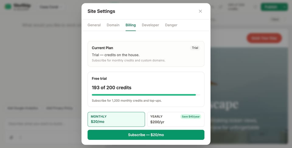 Site Settings — Billing tab