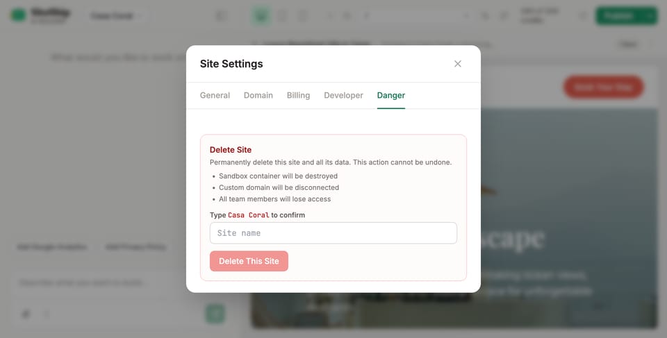 Site Settings — Danger tab