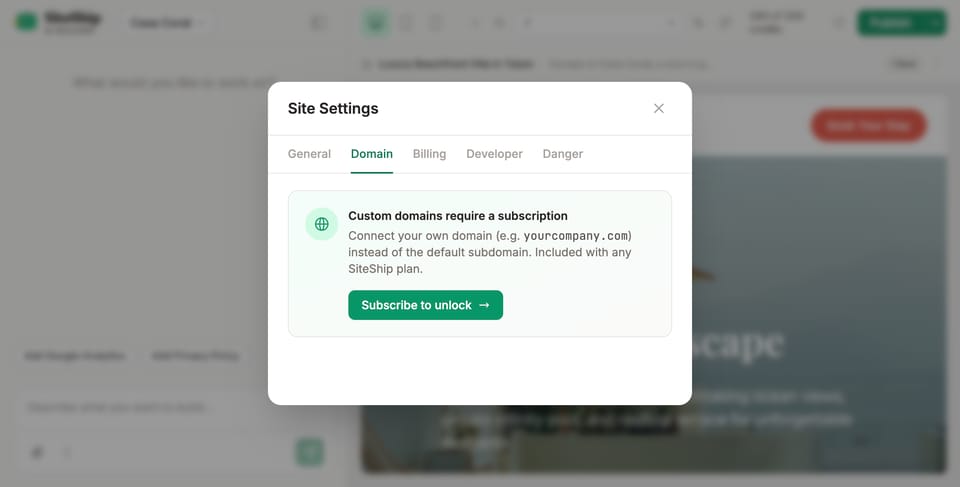 Site Settings — Domain tab