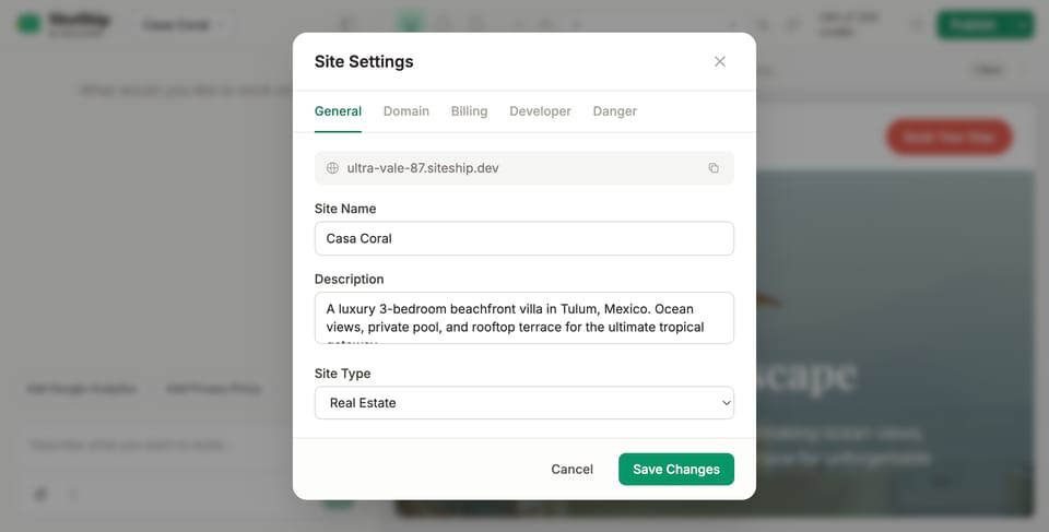 Site Settings — General tab